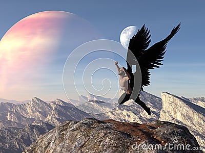 Illustration of an angelic man with wings flying above a large boulder Cartoon Illustration