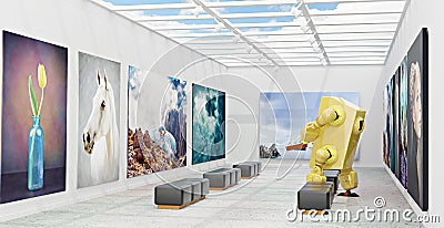 3D illustration with an art gallery and a robot Cartoon Illustration