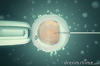 3d illustration Artificial insemination process. Glass needle fertilizing a female egg. Concept, scientific experiment Cartoon Illustration