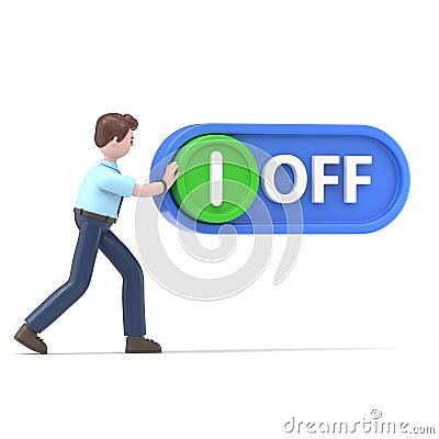 3D illustration of Asian man Felix presses off. Presses a button. 3D illustration flat design. Isolated on background. Cartoon Illustration