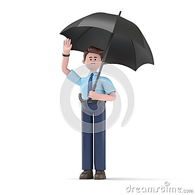 3D illustration of Asian man Felix with umbrella. The concept of protection and security.3D rendering on white background. Cartoon Illustration