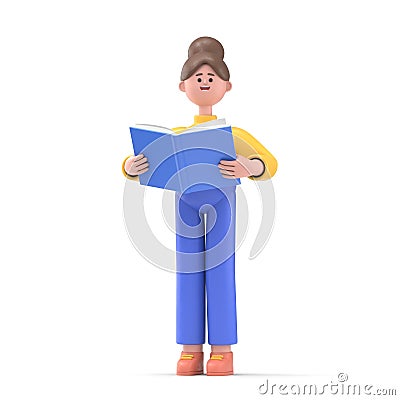 3D illustration of Asian woman Angela with book. learning concept.3D rendering on white background. Cartoon Illustration