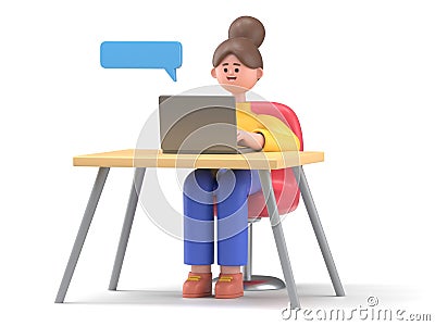 3D illustration of Asian woman Angela with laptop. social media concept.3D rendering on white background. Cartoon Illustration