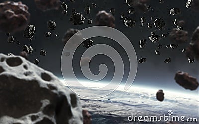 3D illustration of asteroid field in space. Meteors at orbit. 5K realistic science fiction art. Elements of image provided by Nasa Cartoon Illustration