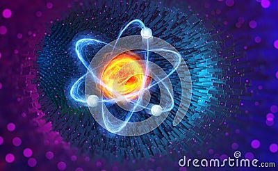 3D illustration of an atom on nanotechnology background Cartoon Illustration