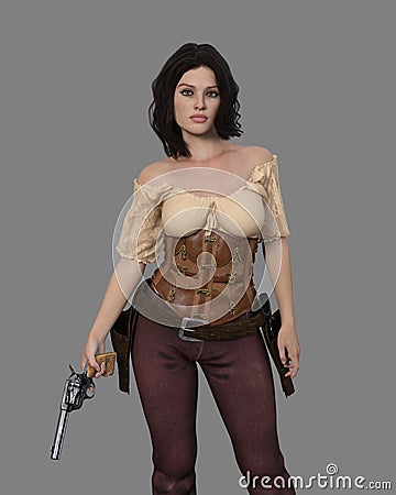 3D rendering of attractive brunette cowgirl gunslinger posing with revolver in hand isolated on grey background Cartoon Illustration