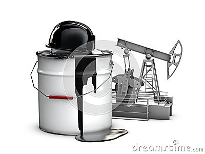 3d illustration of barrel oil with hamlet and oil pump, isolated black Cartoon Illustration