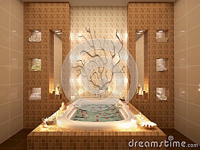 3d illustration of bath with rose petals by candlelight. Cartoon Illustration