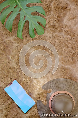 3d illustration. Beach Sand background . Straw hat , Tropical leaf and mobile phone on a sandy background, top view Cartoon Illustration