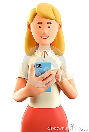 3D illustration of beautiful blonde woman looking at smartphone and chatting. Businesswoman talking and typing on the phone Cartoon Illustration