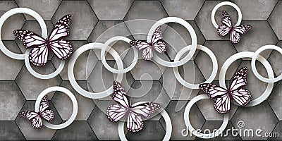 3D Illustration of beautiful butterfly on white decorative 3D ring hexagonal background 3D wallpaper. Stock Photo