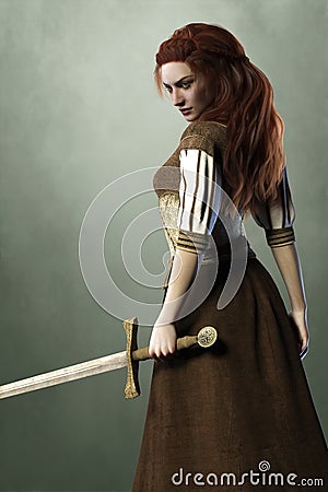 Side view render of a beautiful woman wearing medieval style clothing and holding a sword Cartoon Illustration