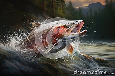 3d illustration of a big salmon fish jumping out of the water, Action shot of a salmon jumping out of the water in a clear stream Cartoon Illustration