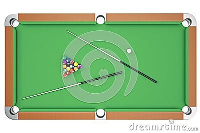 3D illustration Billiard balls on green table with billiard cue, Snooker, Pool game, Billiard concept. Top view Cartoon Illustration