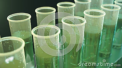 3D Illustration biofuel oil research in the laboratory, biofuel concept. Bacteria in the liquid inside the test tube as Stock Photo