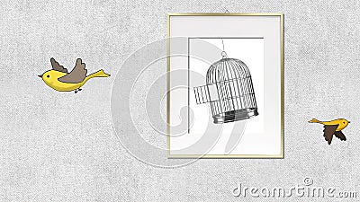 birds flying out of a painting surreal freedom concept Cartoon Illustration