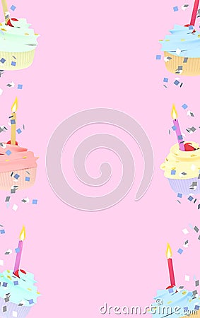3d illustration Birthday and New Year cupcakes Colorful with candles On a plastel backdrop For design work Cartoon Illustration
