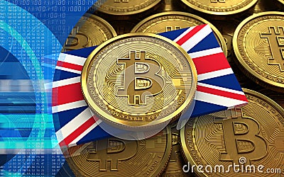 3d bitcoin UK flag Cartoon Illustration