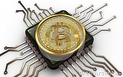 3d bitcoin computer chip Cartoon Illustration