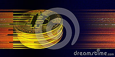 3D illustration of bitcoin render on dark background with. Abstract banner blockchain technology for cryptocurrency. Concept for Cartoon Illustration