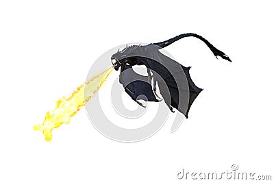 3D illustration of a black dragon or wyvern swooping down and breathing fire isolated on a white background Stock Photo