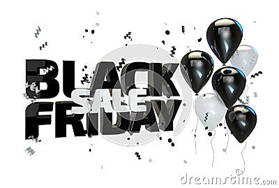 3D illustration of Black friday sale poster. Sale banner with balloons and confetti Cartoon Illustration