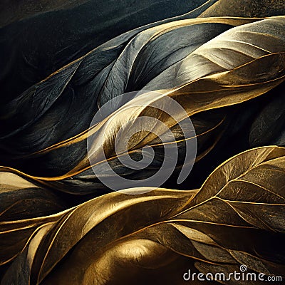 3D illustration. Black and golden streaming fabric. Flowing silky textured cloth. Cartoon Illustration