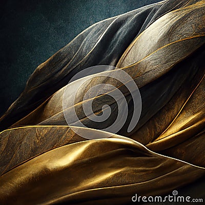 3D illustration. Black and golden streaming fabric. Flowing silky textured cloth. Cartoon Illustration