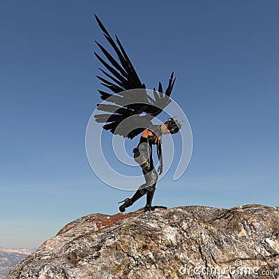 Illustration of a black winged female being wearing a headdress slouched over in dejection atop a large boulder on an alien world Cartoon Illustration