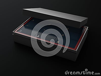 3d Illustration of blank open rectangular box with boxes inside, isolated black background Stock Photo