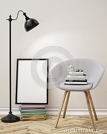 3D illustration of blank poster on the wall of living room, template background Cartoon Illustration