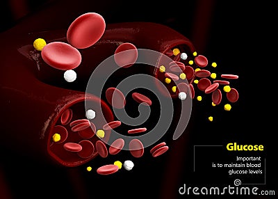 3d Illustration of blood glucose level. Normal level, Hyperglycemia and Hypoglycemia. blood vessels with crystals of sugar Stock Photo