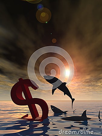 3D illustration bloody dollar symbol or sign sinking in water or sea, with black sharks eating, metaphor or concept Cartoon Illustration