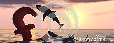 3D illustration bloody pound symbol or sign sinking in water or sea, black sharks eating, metaphor or concept Cartoon Illustration