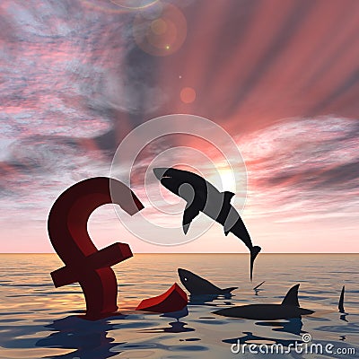 3D illustration bloody pound symbol or sign sinking in water or sea, black sharks eating, metaphor or concept for Cartoon Illustration