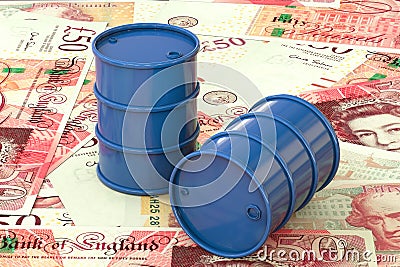 3d illustration: Blue barrels of oil lie on the background of banknote of British pound sterling. Money. Petroleum business Cartoon Illustration