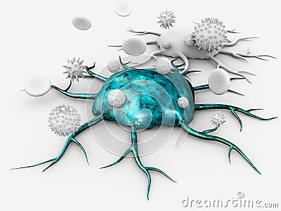 3d Illustration of blue Cancer cell with ambient blood cells and other bacteria. white background. Stock Photo