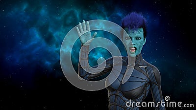 Illustration of a blue skin alien with facial carving wearing a tight fitting suit waving with a gaseous nebula in the background Cartoon Illustration