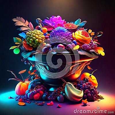 3d illustration of a bowl full of fresh fruits and vegetables. AI Generated Cartoon Illustration