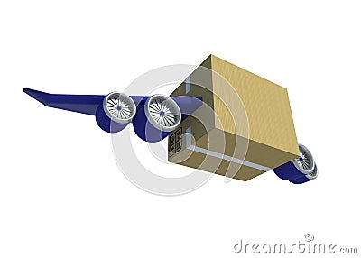 3D Illustration Box with Aircraft wing and Jet engine for fast delivery service on white background Stock Photo