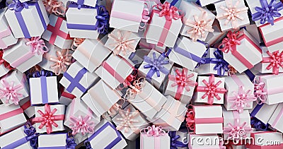 3d illustration of boxes decorated with ribbons with gifts cover the entire screen. Cartoon Illustration