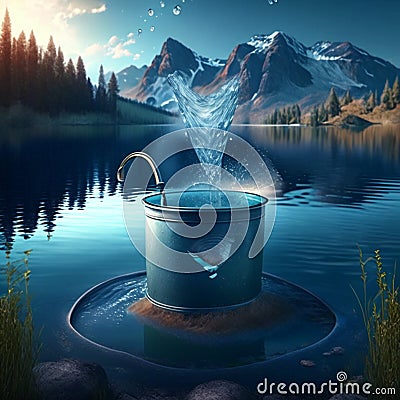 3d illustration of a bucket of water and mountains in the background generative AI Cartoon Illustration