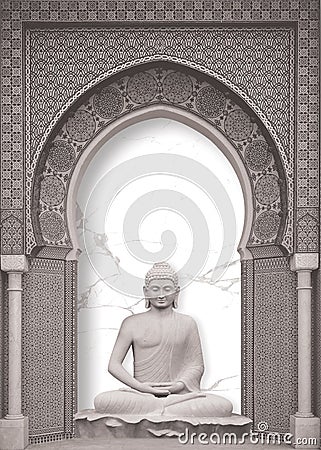 3D illustration Buddha meditating High quality Sculpture beautiful rendering, Big door 3D illustration wallpaper, wall poster. Cartoon Illustration