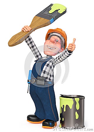 3d illustration Builder working in overalls with paint brush Cartoon Illustration
