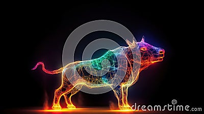 3d illustration of the bull sculpture to use in motion graphics, in the style of made of wire, dark cyan and light amber, Cartoon Illustration