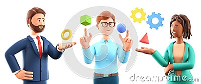 3D illustration of business abstract presentation. Multicultural cartoon characters interacting with geometric figures. Cartoon Illustration