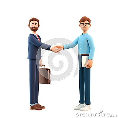 3D illustration of business handshake. Cute cartoon smiling man with laptop and bearded businessman with briefcase Cartoon Illustration