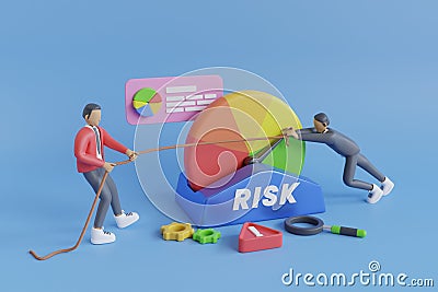 3d illustration of Business risk concept. businessman turning risk meter arrow back with rope. Cartoon Illustration