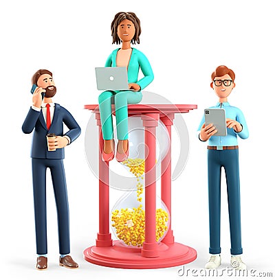 3D illustration of business teamwork and cooperation in project time limit, deadline, task due dates. Multicultural characters Cartoon Illustration