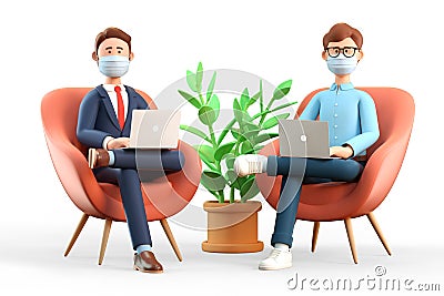 3D illustration of business teamwork. Two men with medical masks using laptops. Cartoon Illustration